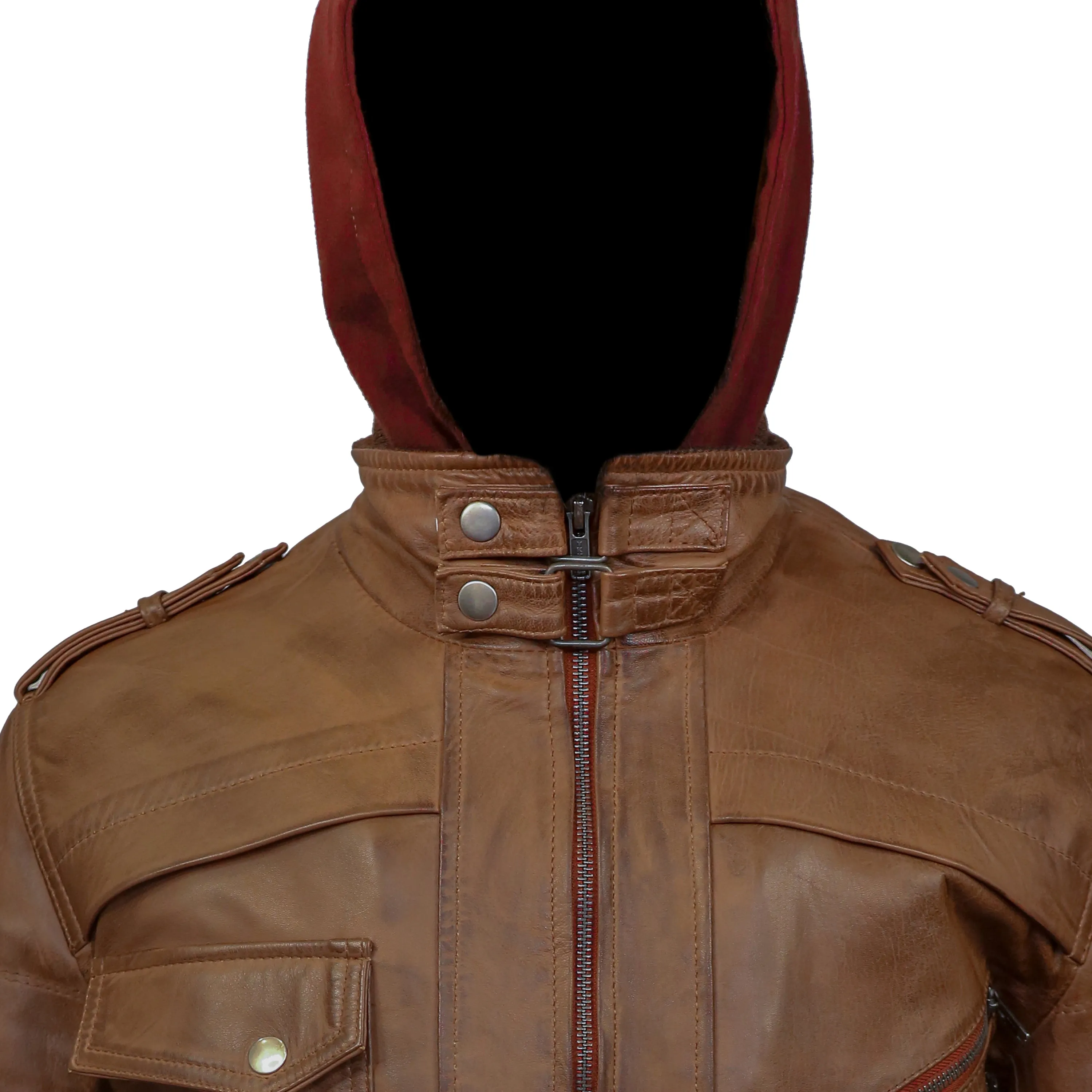 Men's Hooded Tan Wax Leather Bomber Jacket