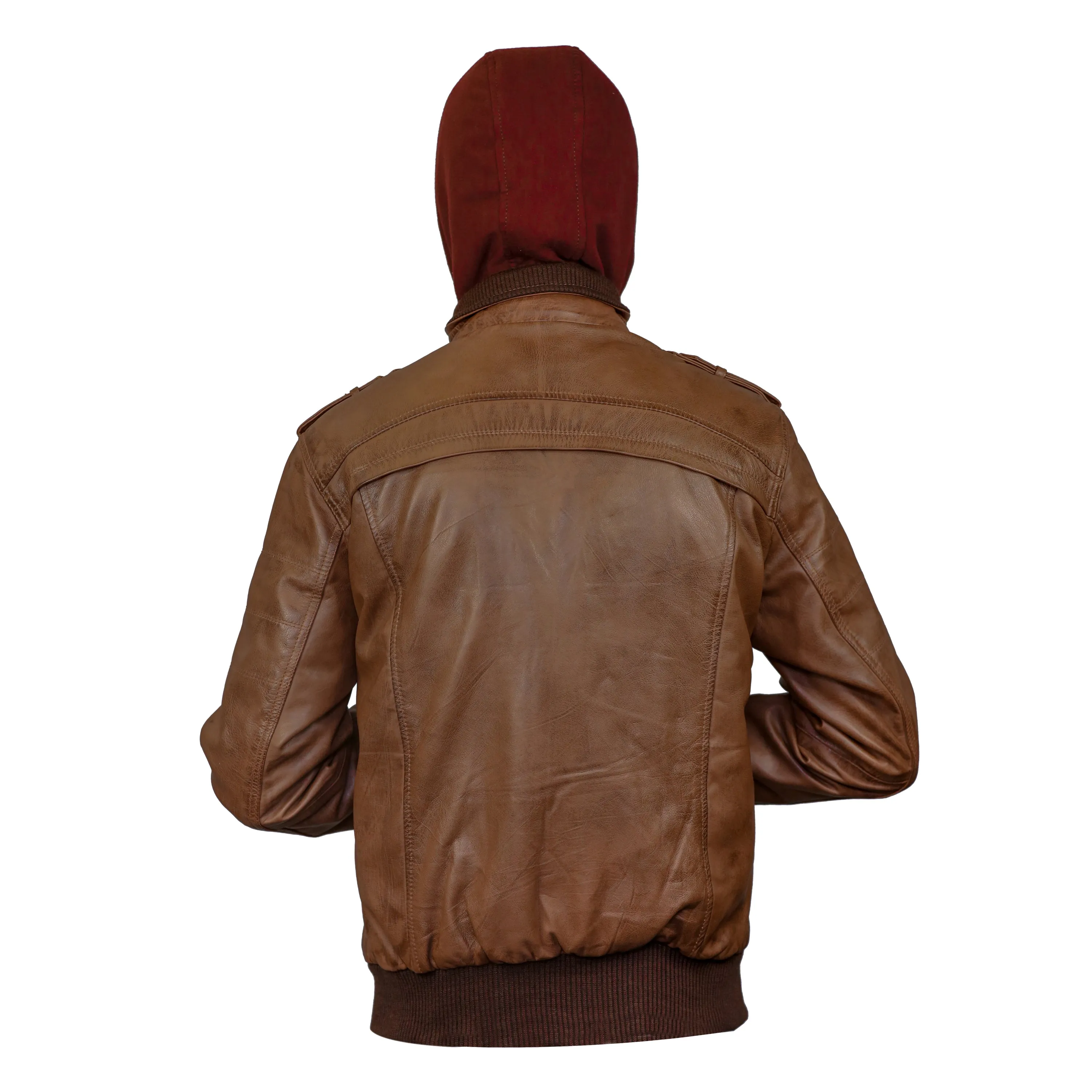 Men's Hooded Tan Wax Leather Bomber Jacket