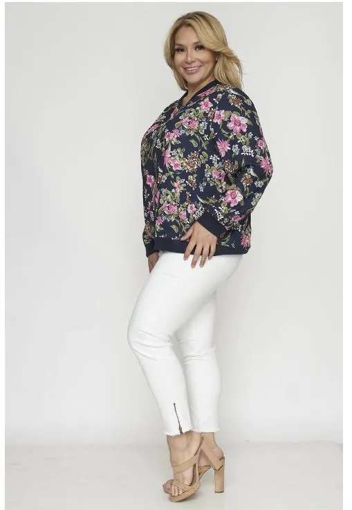 Navy Blue Floral Plus Size Bomber Jacket