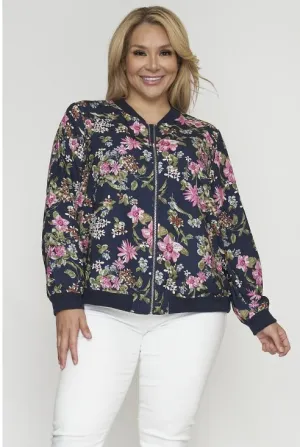 Navy Blue Floral Plus Size Bomber Jacket