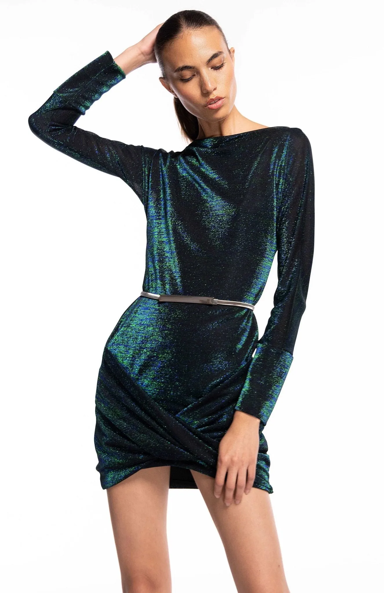 Oneero Glam | Sleek Shimmer: Draped Iridescent Knit Dress
