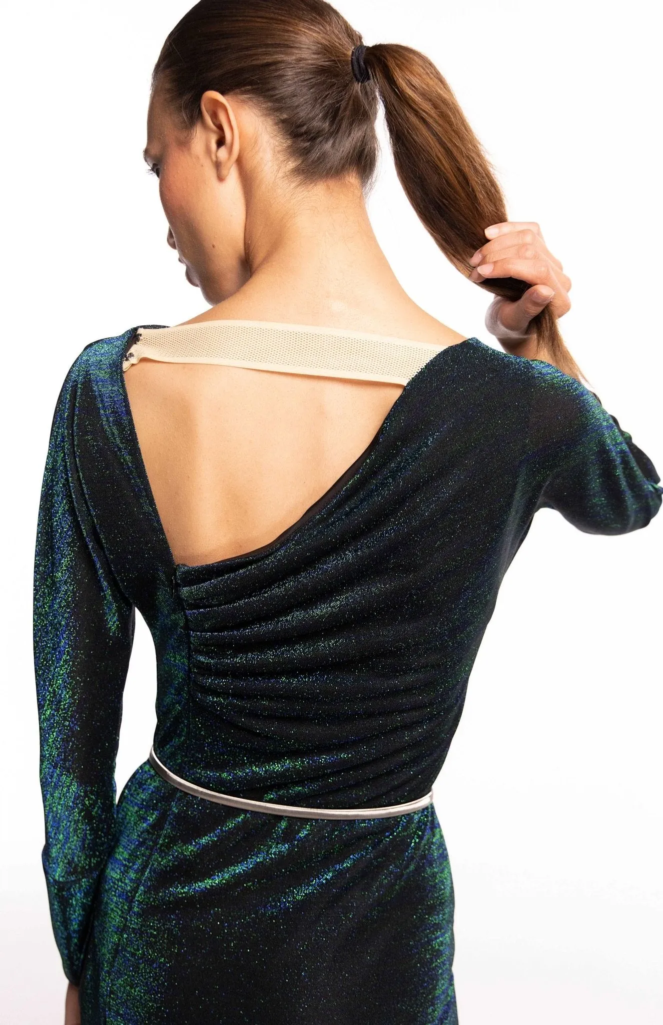 Oneero Glam | Sleek Shimmer: Draped Iridescent Knit Dress