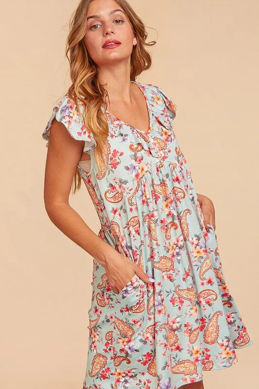 *Online Exclusive* V Neck Ruffle Paisley Floral Print Knit Dress