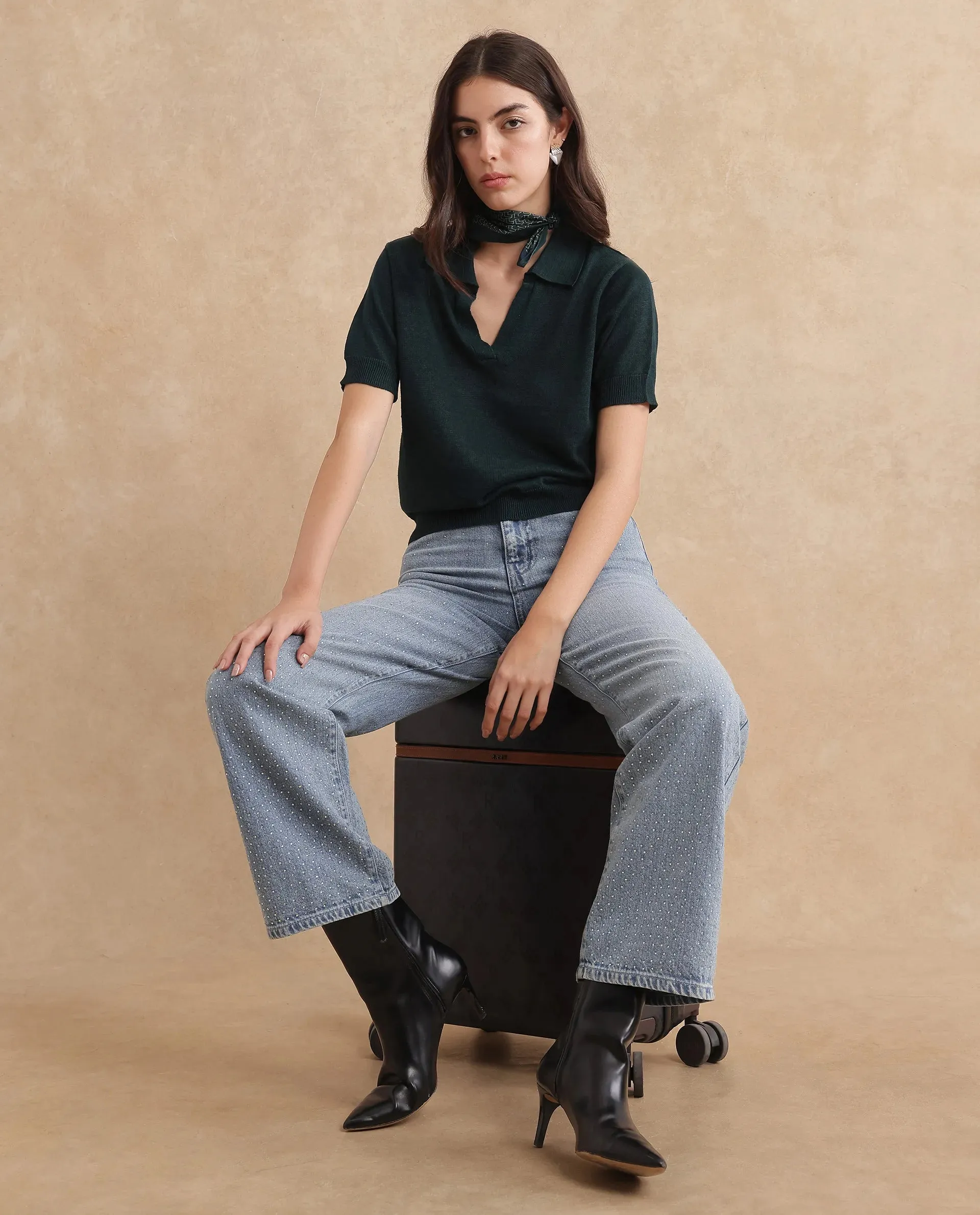 Rareism Women Basel Green Cotton Linen Fabric Short Sleeve Polo Collar Plain Polo