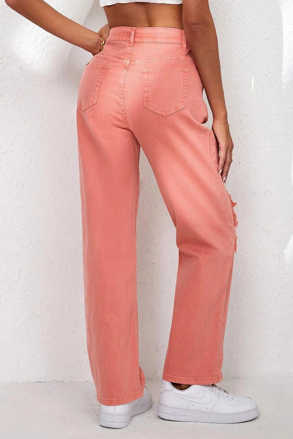 Salmon High Waist Ripped Straight Leg Jeans