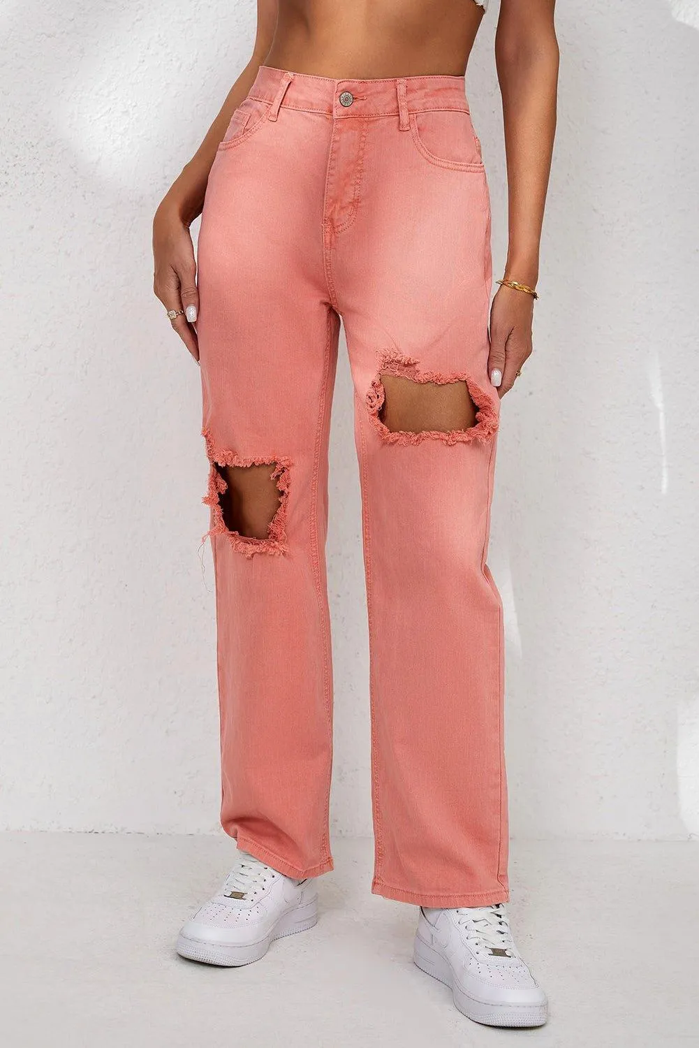 Salmon High Waist Ripped Straight Leg Jeans