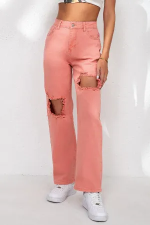 Salmon High Waist Ripped Straight Leg Jeans