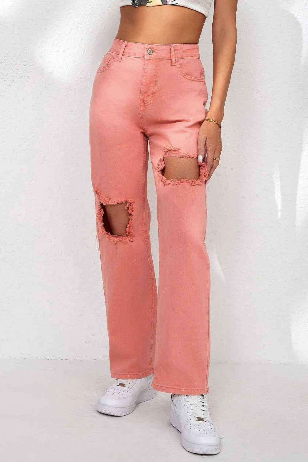 Salmon High Waist Ripped Straight Leg Jeans