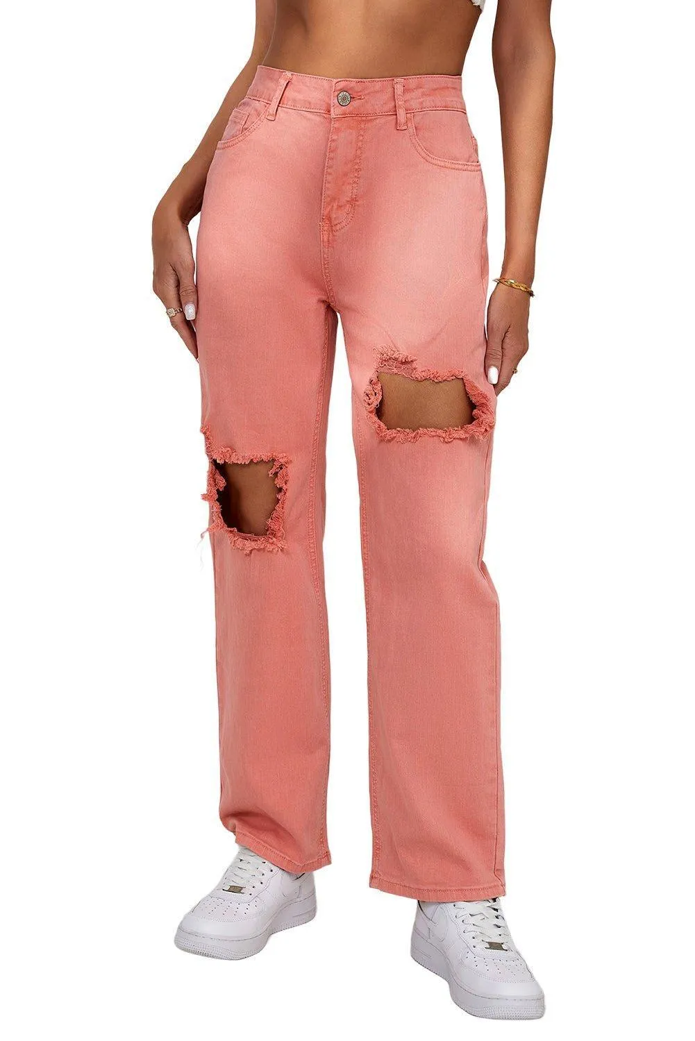 Salmon High Waist Ripped Straight Leg Jeans