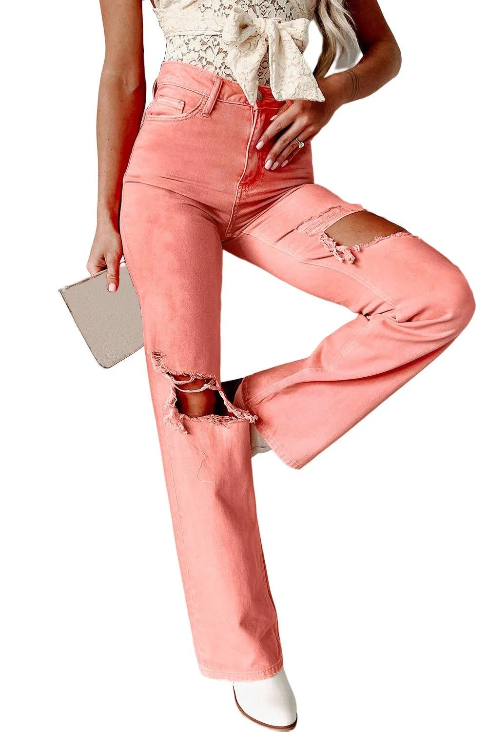 Salmon High Waist Ripped Straight Leg Jeans