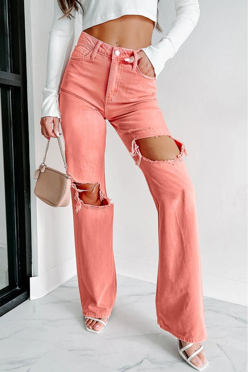 Salmon High Waist Ripped Straight Leg Jeans