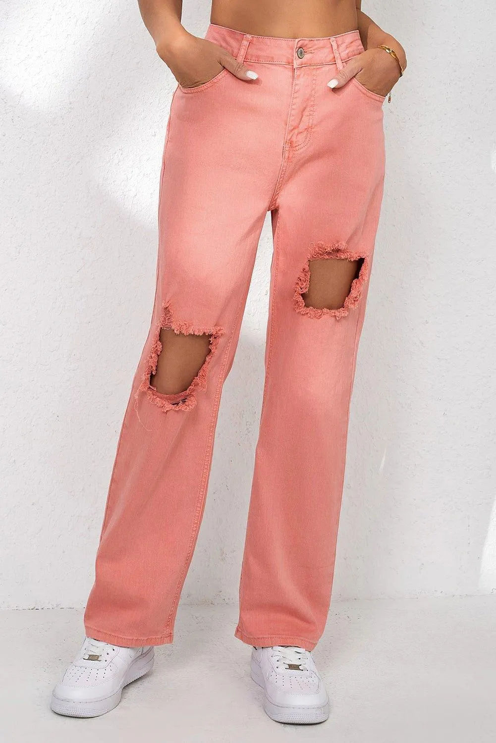 Salmon High Waist Ripped Straight Leg Jeans