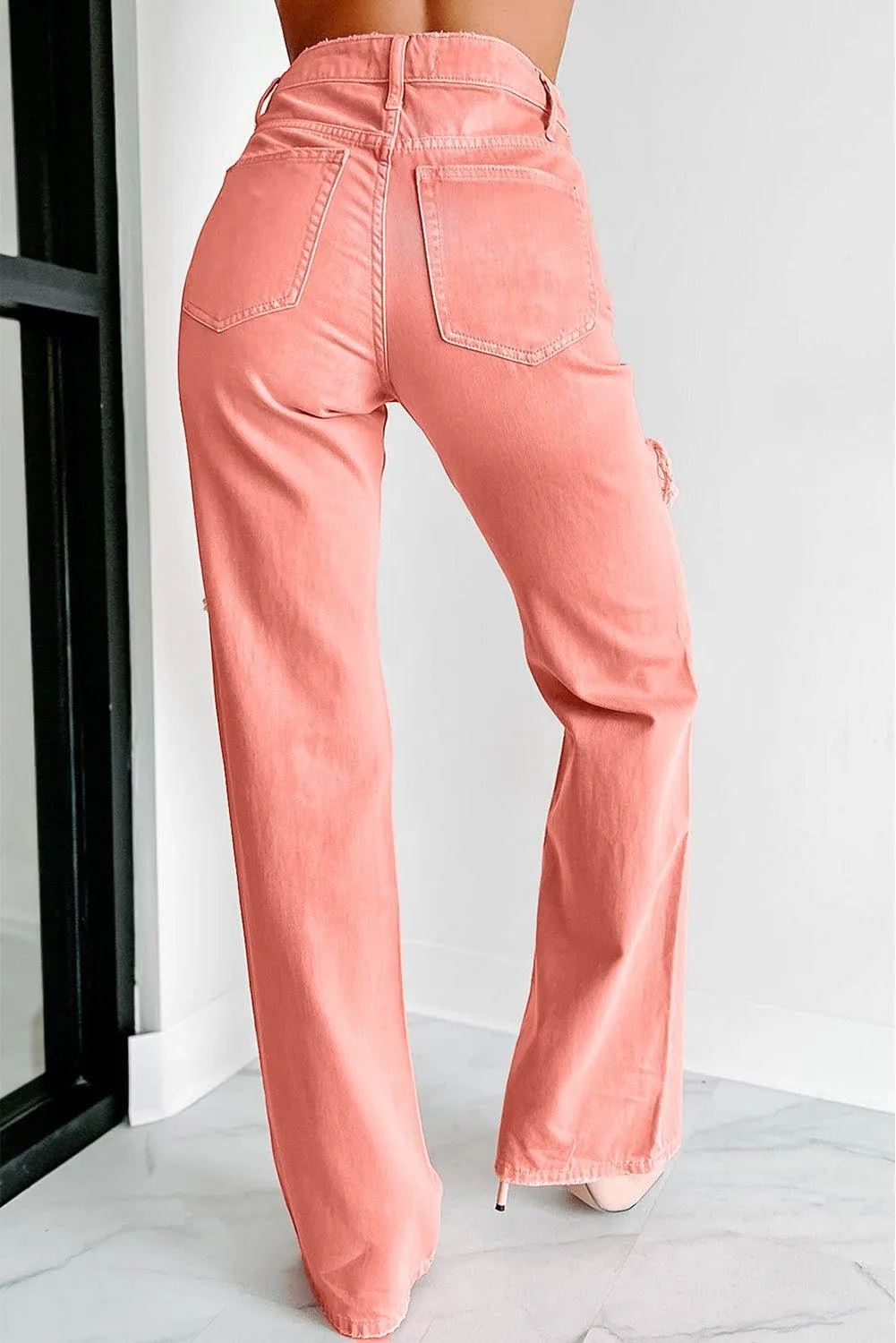 Salmon High Waist Ripped Straight Leg Jeans