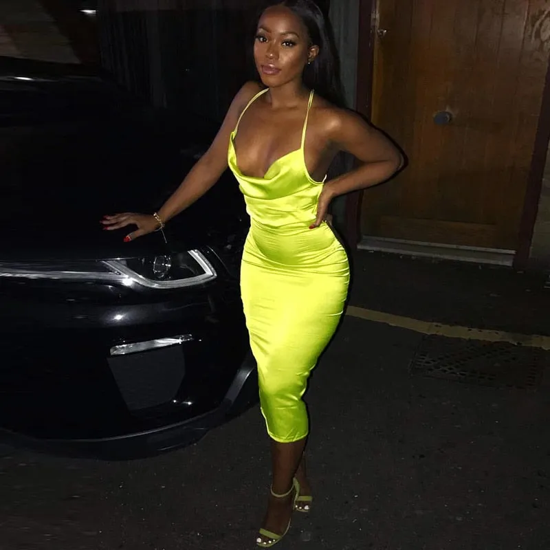 Satin lace up bodycon long midi dress