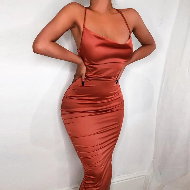 Satin lace up bodycon long midi dress
