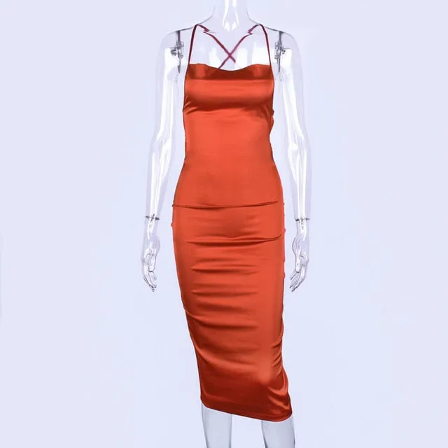 Satin lace up bodycon long midi dress