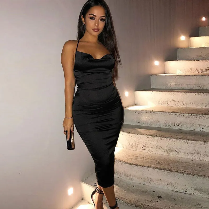 Satin lace up bodycon long midi dress