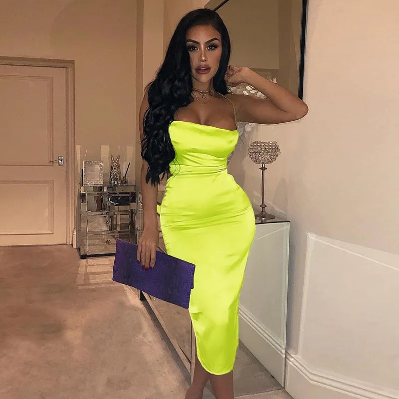 Satin lace up bodycon long midi dress