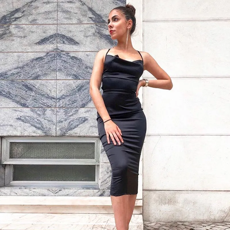 Satin lace up bodycon long midi dress