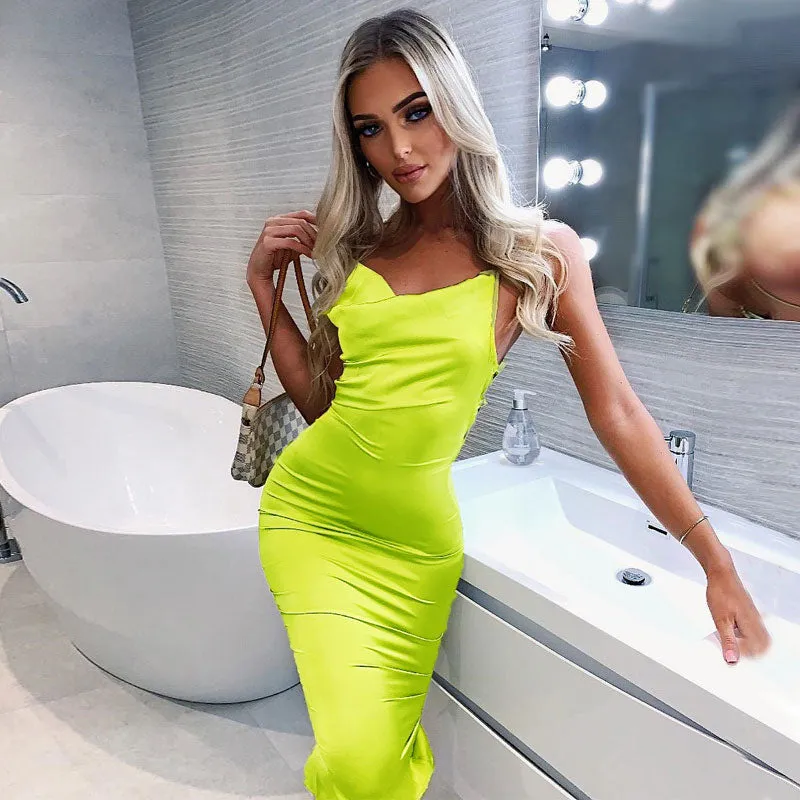 Satin lace up bodycon long midi dress