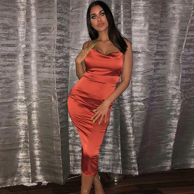 Satin lace up bodycon long midi dress