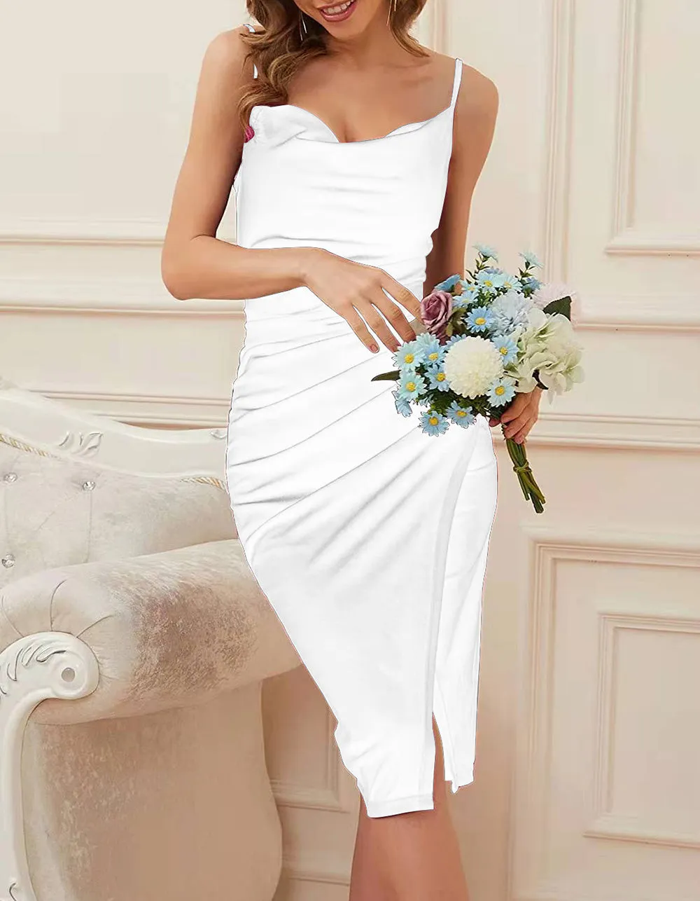 Solid-color Slits Ruched Velvet Sling Bodycon Dresses