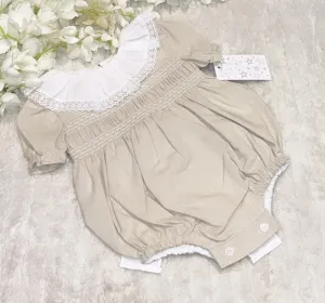 Stone and white bow back romper