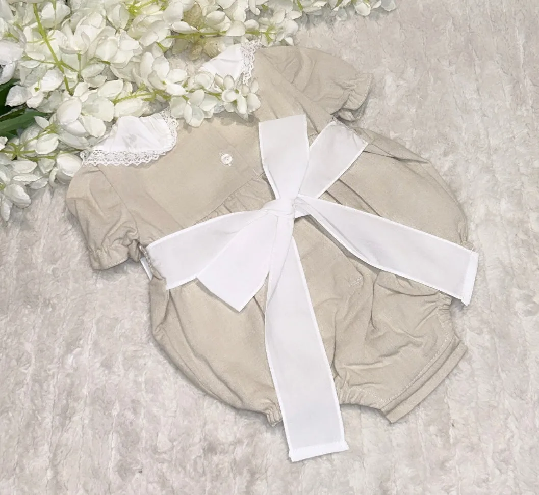 Stone and white bow back romper