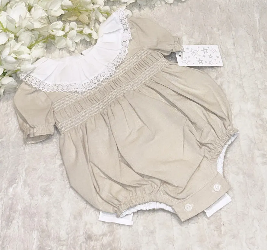Stone and white bow back romper