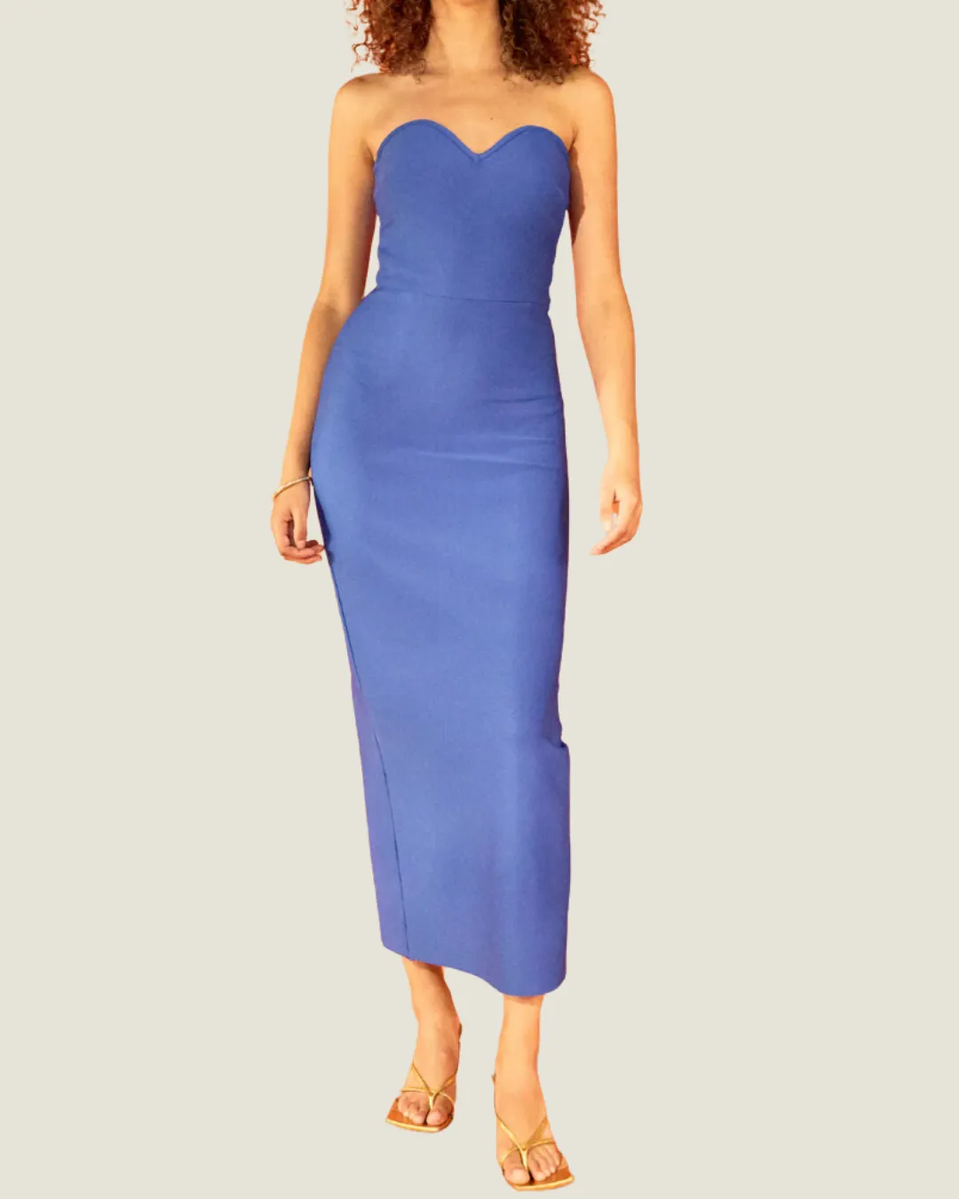 The Oceana: Blue Strapless Sweetheart Cut Midi Dress