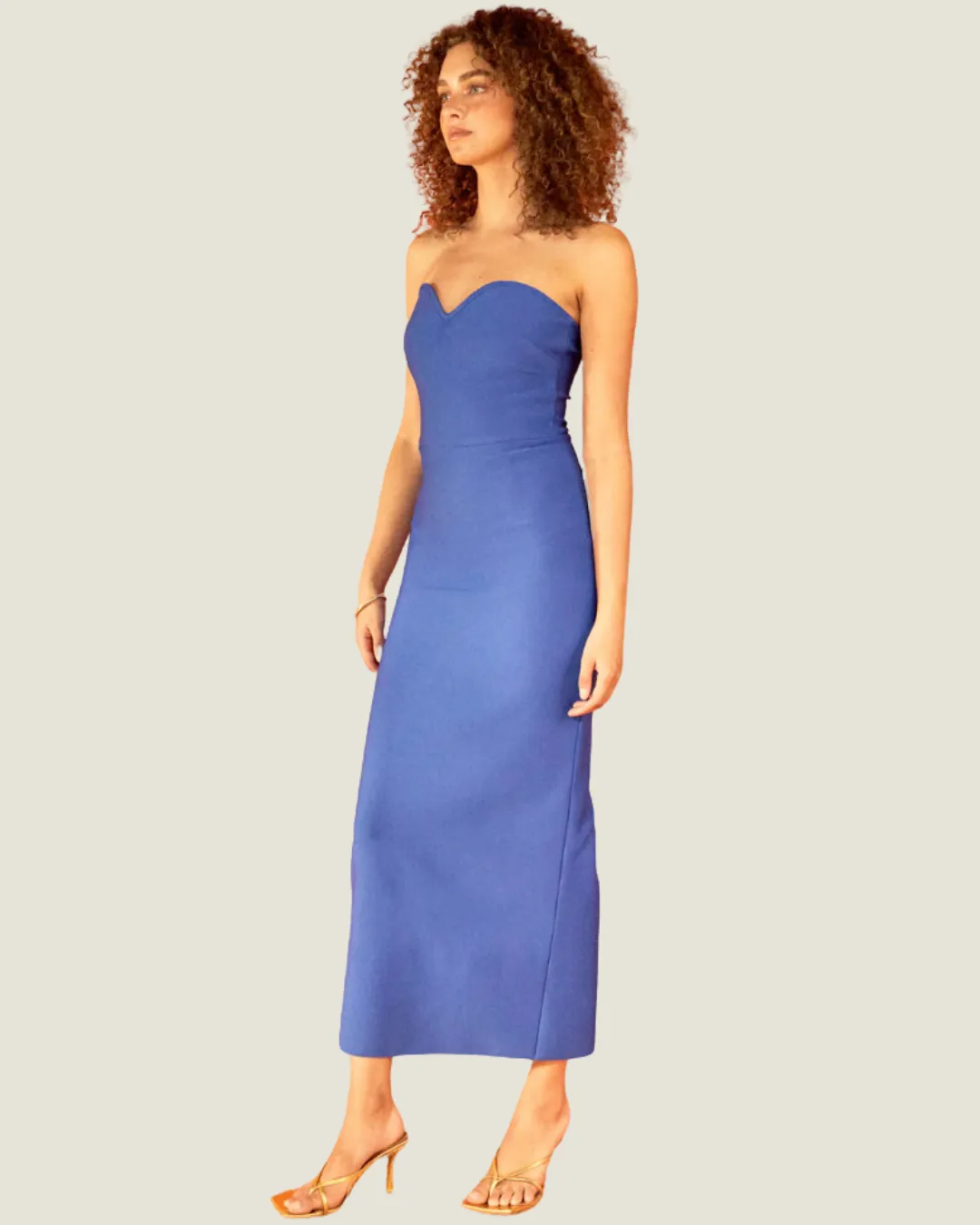The Oceana: Blue Strapless Sweetheart Cut Midi Dress