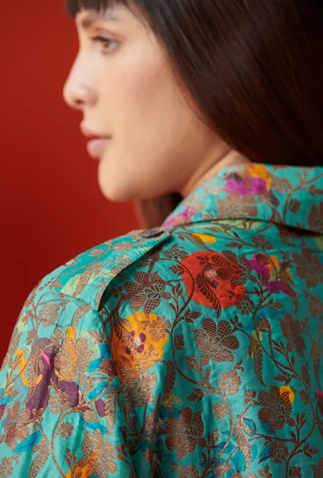 Trench Silk Brocade Aqua