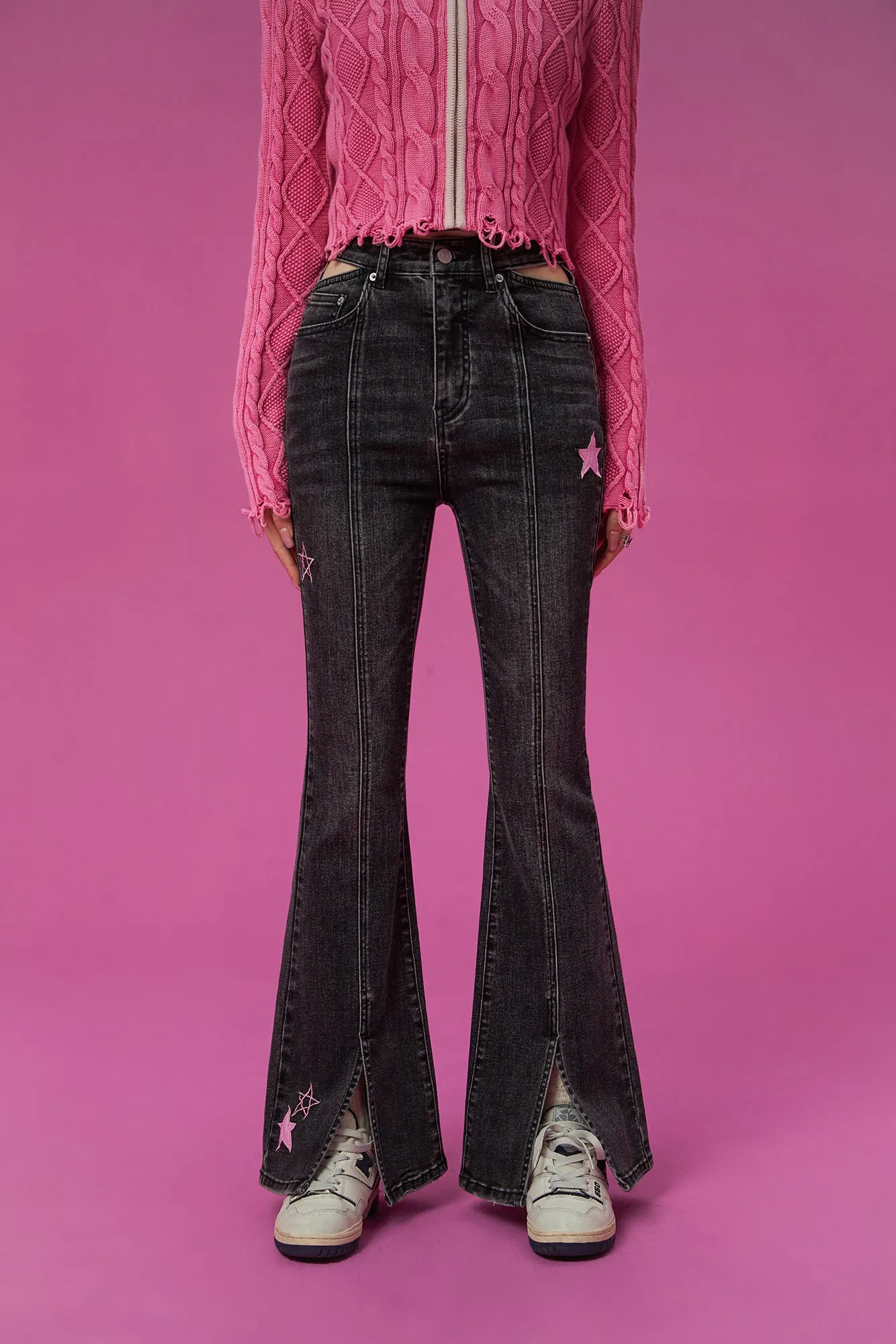 Waist Slit Star Bootcut Denim Jeans