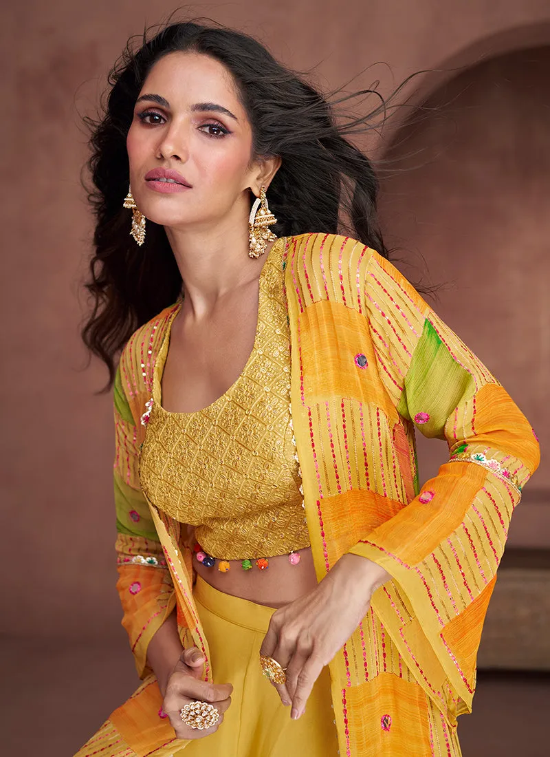 Yellow Sequence Embroidery Jacket Style Palazzo Suit